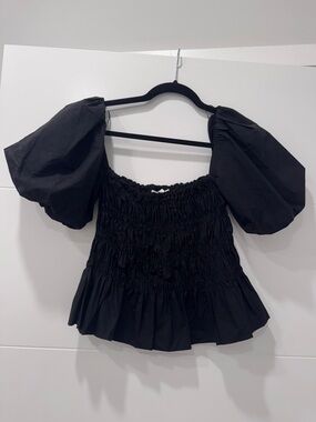 ASTR The Label Black Puff Sleeve Smocked Peplum Top